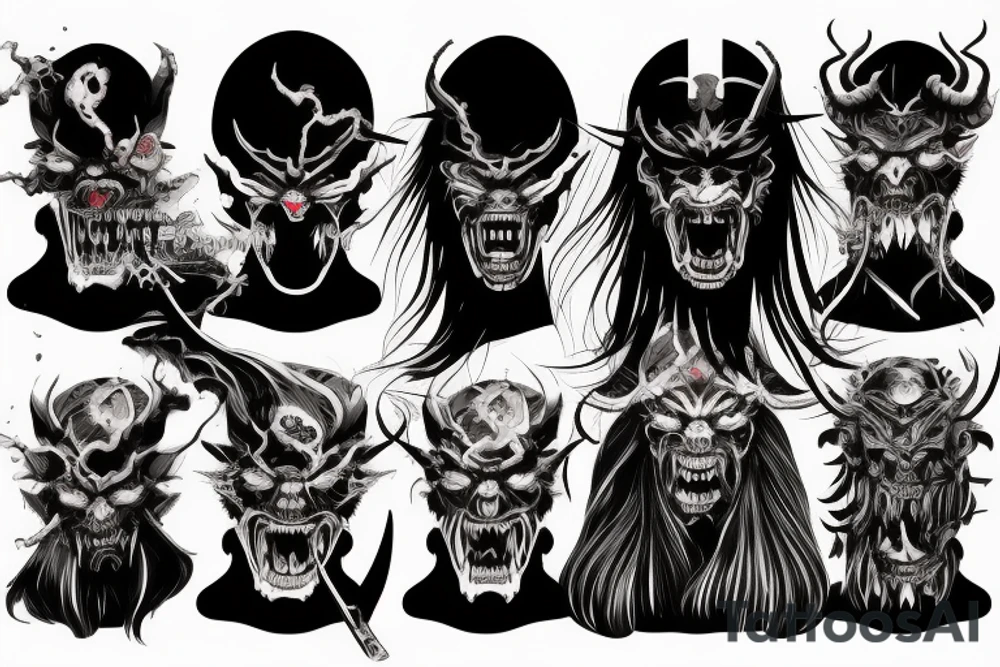 demon samurai mask, ocean wave on the background, realistic, one composition, detailed, scary, sorrow tattoo idea