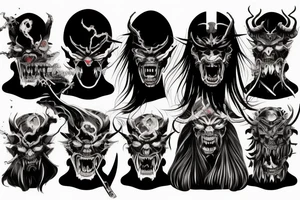 demon samurai mask, ocean wave on the background, realistic, one composition, detailed, scary, sorrow tattoo idea
