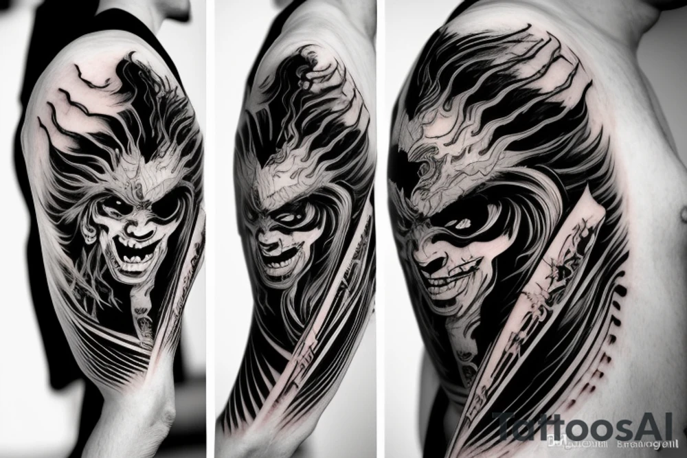 demon samurai mask, ocean wave on the background, realistic, one composition, detailed, scary, sorrow tattoo idea