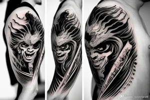 demon samurai mask, ocean wave on the background, realistic, one composition, detailed, scary, sorrow tattoo idea