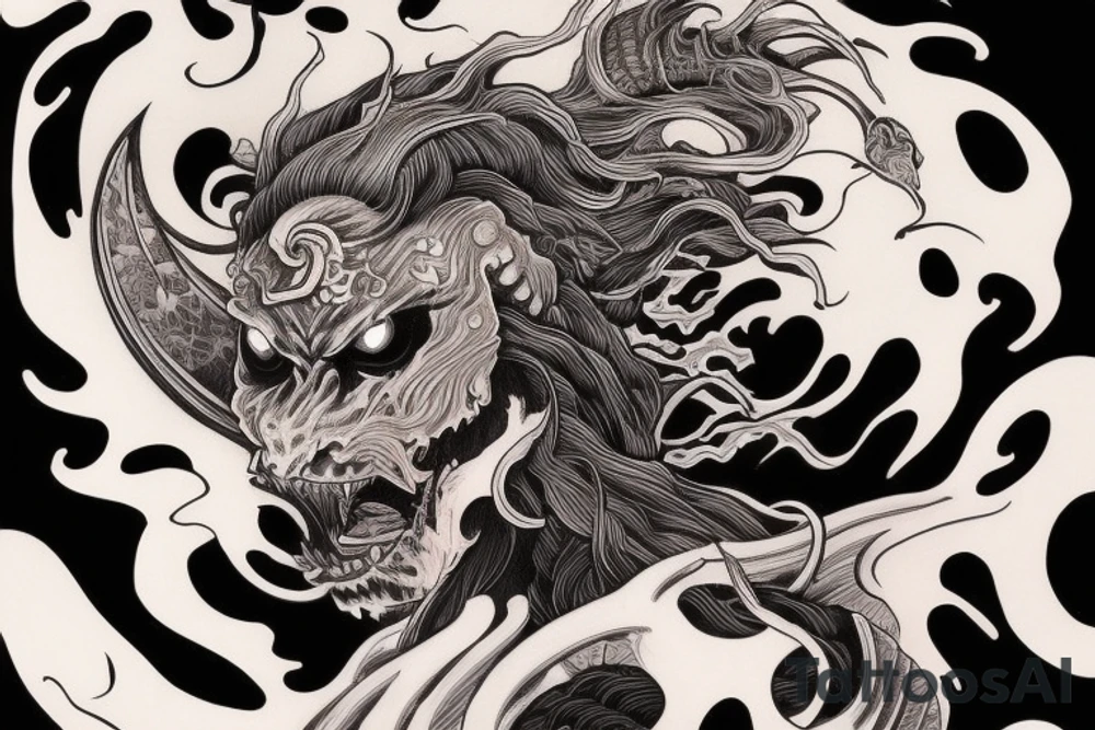 demon samurai mask, ocean wave on the background, realistic, one composition, detailed, scary, sorrow, woman tattoo idea