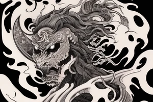 demon samurai mask, ocean wave on the background, realistic, one composition, detailed, scary, sorrow, woman tattoo idea