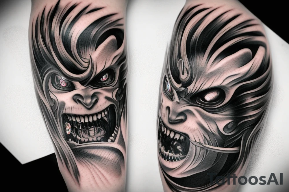 demon samurai mask, ocean wave on the background, realistic, one composition, detailed, scary, sorrow, woman tattoo idea