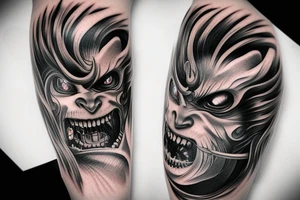 demon samurai mask, ocean wave on the background, realistic, one composition, detailed, scary, sorrow, woman tattoo idea