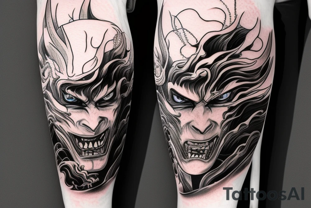 demon samurai mask, ocean wave on the background, realistic, one composition, detailed, scary, sorrow, woman, blades tattoo idea