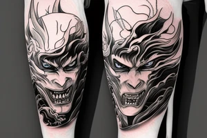demon samurai mask, ocean wave on the background, realistic, one composition, detailed, scary, sorrow, woman, blades tattoo idea