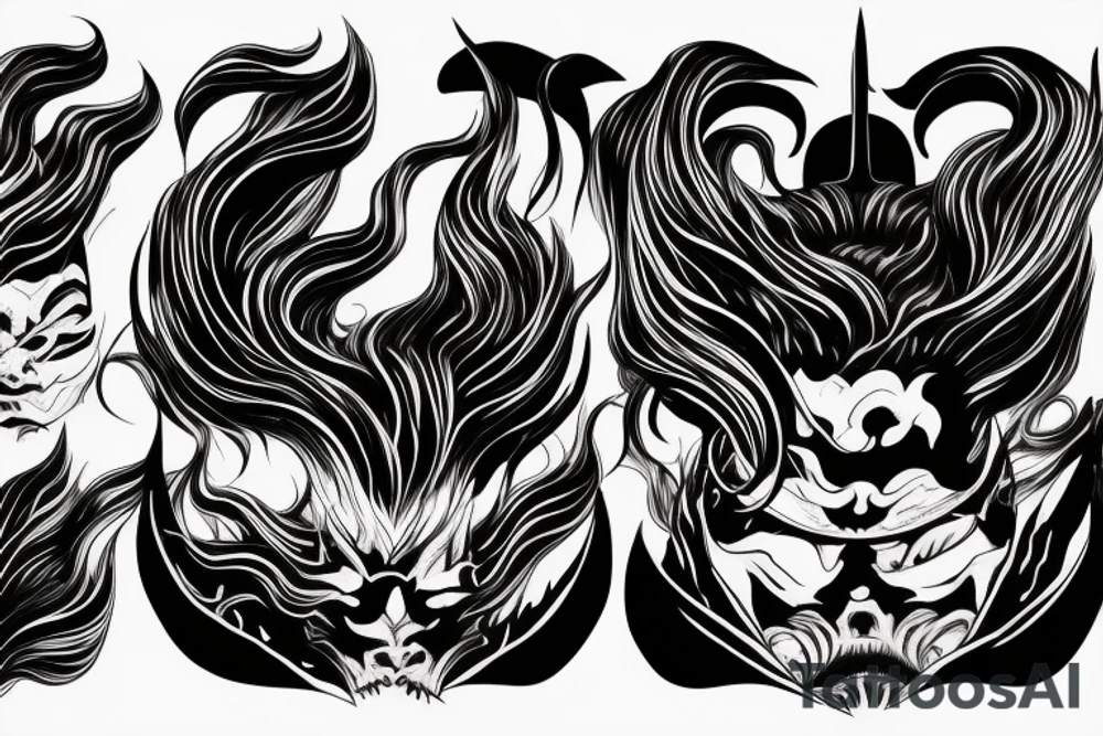 demon samurai mask, ocean wave on the background, realistic, one composition, detailed, scary, sorrow, woman, blades tattoo idea