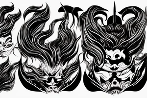 demon samurai mask, ocean wave on the background, realistic, one composition, detailed, scary, sorrow, woman, blades tattoo idea