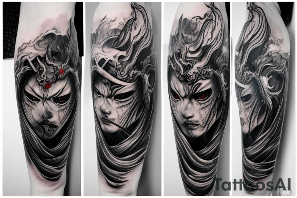 demon samurai mask, ocean wave on the background, realistic, one composition, detailed, scary, sorrow, woman, blades tattoo idea