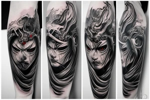 demon samurai mask, ocean wave on the background, realistic, one composition, detailed, scary, sorrow, woman, blades tattoo idea