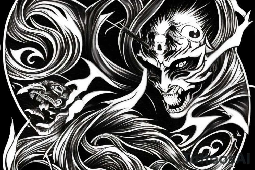 demon samurai mask, ocean wave on the background, realistic, one composition, detailed, scary, sorrow, woman, blades tattoo idea