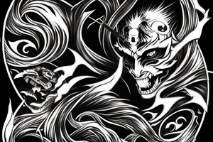 demon samurai mask, ocean wave on the background, realistic, one composition, detailed, scary, sorrow, woman, blades tattoo idea