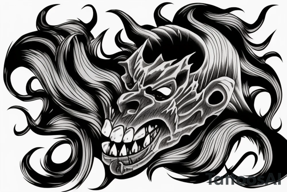 demon samurai mask, ocean wave on the background, realistic, one composition, detailed, scary, sorrow, woman, blades tattoo idea