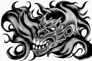 demon samurai mask, ocean wave on the background, realistic, one composition, detailed, scary, sorrow, woman, blades tattoo idea