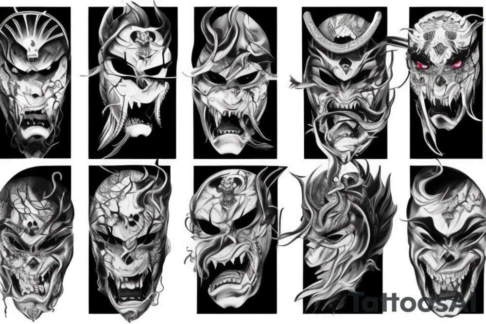 demon samurai mask, ocean wave on the background, realistic, one composition, detailed, scary, sorrow, woman, blades tattoo idea