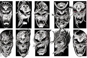 demon samurai mask, ocean wave on the background, realistic, one composition, detailed, scary, sorrow, woman, blades tattoo idea