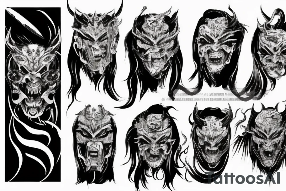 demon samurai mask, ocean wave on the background, realistic, one composition, detailed, scary, sorrow, woman, blades, cool tattoo idea