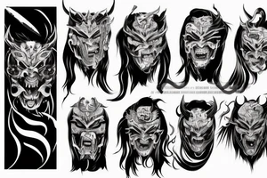 demon samurai mask, ocean wave on the background, realistic, one composition, detailed, scary, sorrow, woman, blades, cool tattoo idea