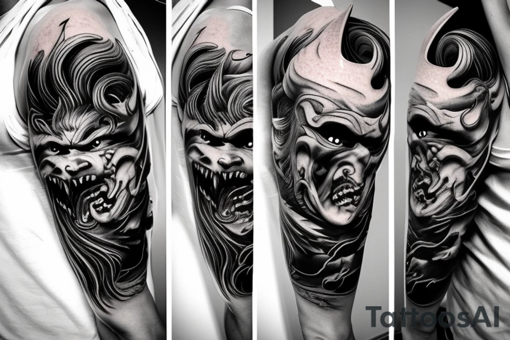 demon samurai mask, ocean wave on the background, realistic, one composition, detailed, scary, sorrow, woman, blades, cool tattoo idea