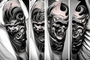 demon samurai mask, ocean wave on the background, realistic, one composition, detailed, scary, sorrow, woman, blades, cool tattoo idea