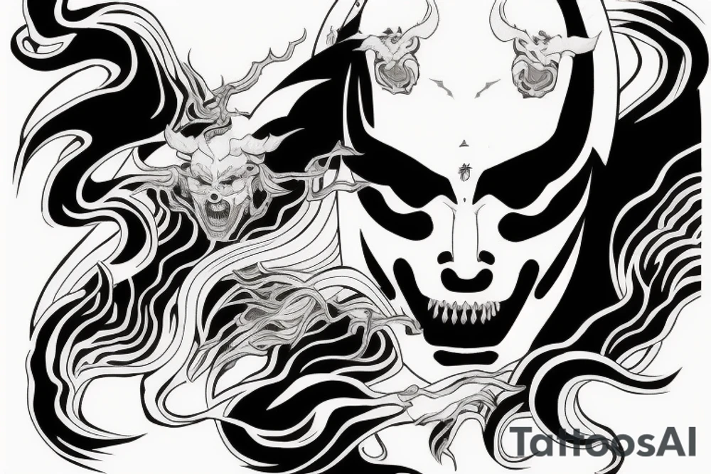 demon samurai mask, ocean wave on the background, realistic, one composition, detailed, scary, sorrow, woman, blades, cool tattoo idea