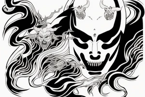 demon samurai mask, ocean wave on the background, realistic, one composition, detailed, scary, sorrow, woman, blades, cool tattoo idea
