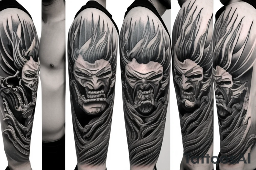 demon samurai mask, ocean wave on the background, realistic, one composition, detailed, scary, sorrow, woman, blades, cool tattoo idea