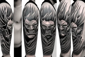 demon samurai mask, ocean wave on the background, realistic, one composition, detailed, scary, sorrow, woman, blades, cool tattoo idea