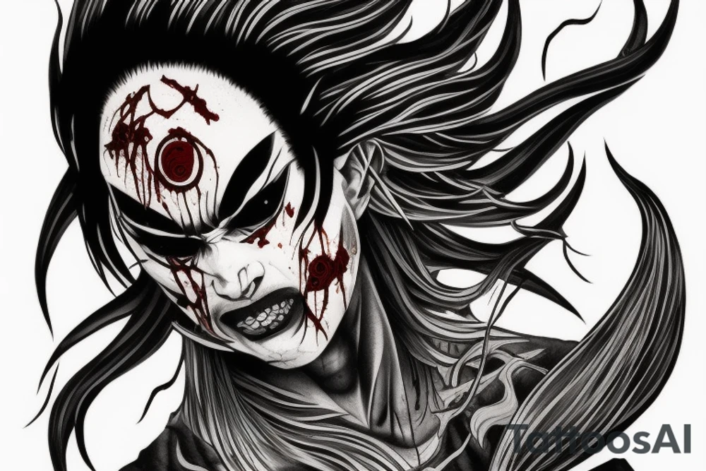 demon samurai mask, ocean wave on the background, realistic, one composition, detailed, scary, sorrow, woman, blades, cool, blood tattoo idea