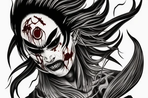 demon samurai mask, ocean wave on the background, realistic, one composition, detailed, scary, sorrow, woman, blades, cool, blood tattoo idea