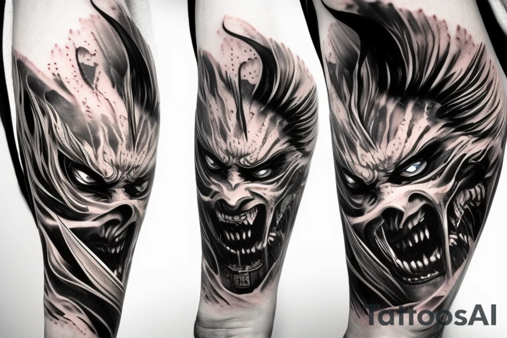 demon samurai mask, ocean wave on the background, realistic, one composition, detailed, scary, sorrow, woman, blades, cool, blood tattoo idea