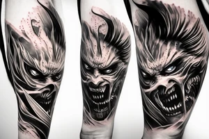 demon samurai mask, ocean wave on the background, realistic, one composition, detailed, scary, sorrow, woman, blades, cool, blood tattoo idea