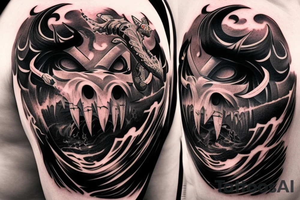 demon samurai mask, ocean wave on the background, realistic, one composition, detailed, scary, sorrow, woman, blades, cool, blood tattoo idea