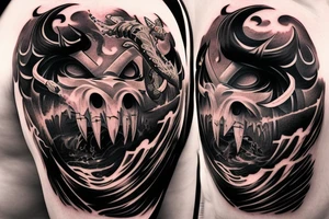 demon samurai mask, ocean wave on the background, realistic, one composition, detailed, scary, sorrow, woman, blades, cool, blood tattoo idea