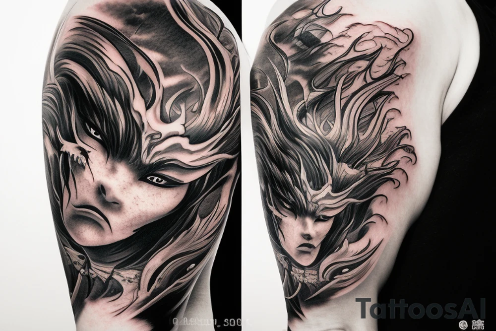 demon samurai mask, ocean wave on the background, realistic, one composition, detailed, scary, sorrow, woman, blades, cool, blood tattoo idea