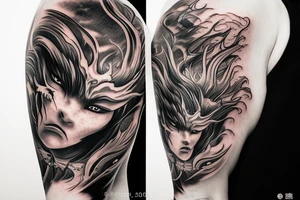 demon samurai mask, ocean wave on the background, realistic, one composition, detailed, scary, sorrow, woman, blades, cool, blood tattoo idea