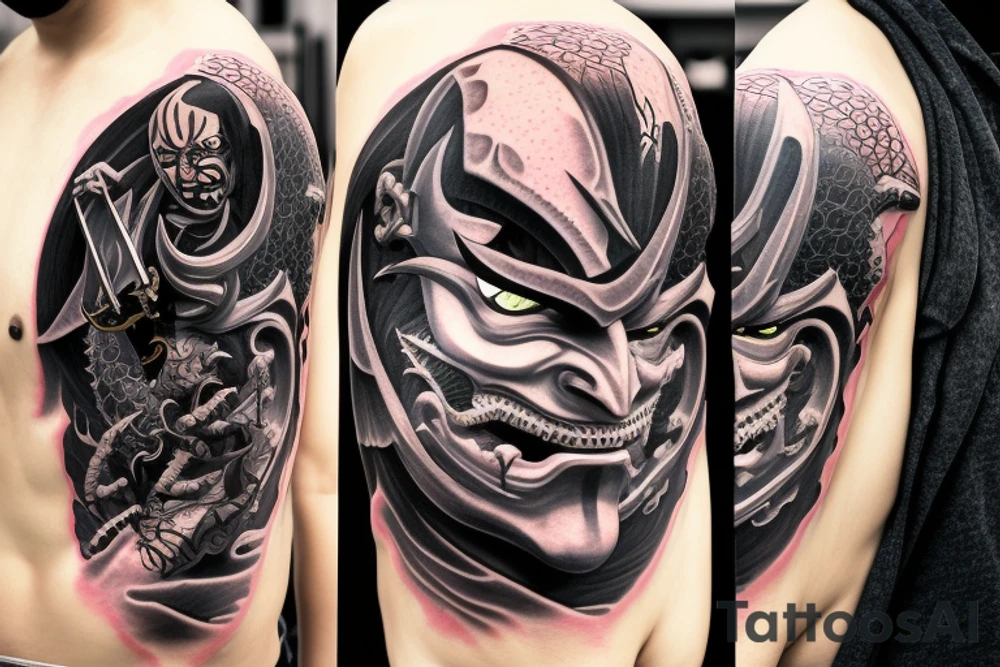demon samurai mask, ocean wave on the background, realistic, one composition, detailed, scary, sorrow, woman, blades, cool, blood tattoo idea