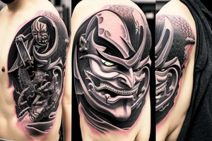 demon samurai mask, ocean wave on the background, realistic, one composition, detailed, scary, sorrow, woman, blades, cool, blood tattoo idea