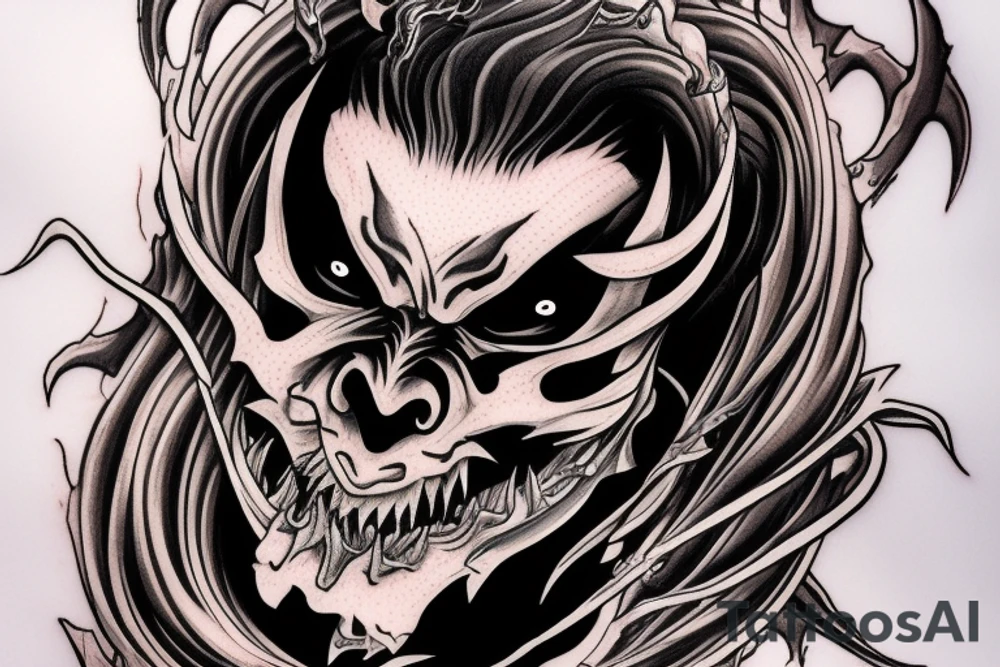 demon samurai mask, ocean wave on the background, realistic, one composition, detailed, scary, sorrow, woman, blades, cool, blood tattoo idea