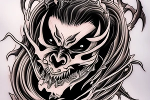 demon samurai mask, ocean wave on the background, realistic, one composition, detailed, scary, sorrow, woman, blades, cool, blood tattoo idea