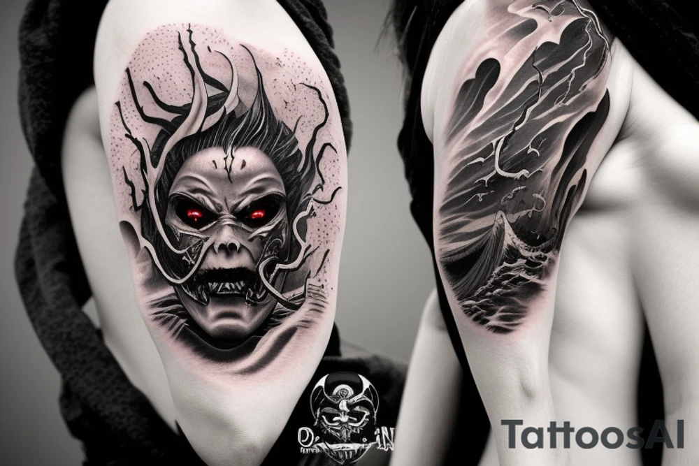 demon mask, ocean wave on the background, realistic, one composition, detailed, scary, sorrow, woman, blades, cool, blood tattoo idea