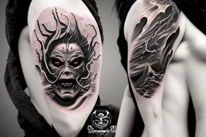 demon mask, ocean wave on the background, realistic, one composition, detailed, scary, sorrow, woman, blades, cool, blood tattoo idea