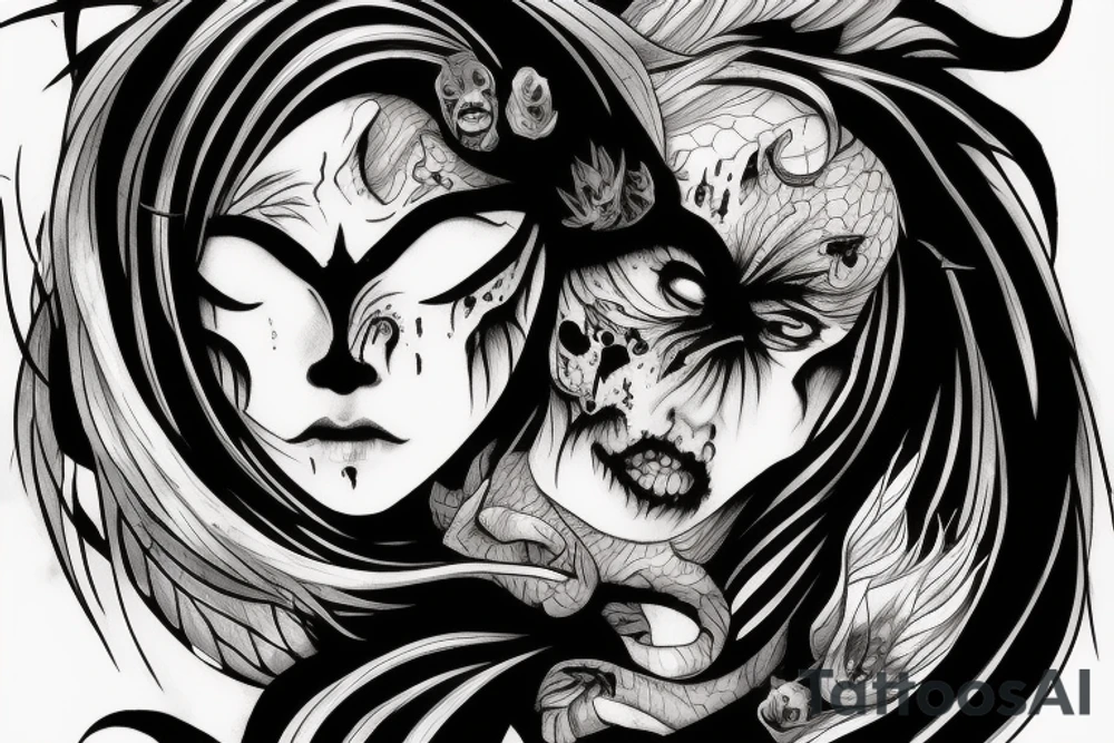 demon mask, ocean wave on the background, realistic, one composition, detailed, scary, sorrow, woman, blades, cool, blood tattoo idea