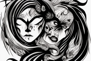 demon mask, ocean wave on the background, realistic, one composition, detailed, scary, sorrow, woman, blades, cool, blood tattoo idea