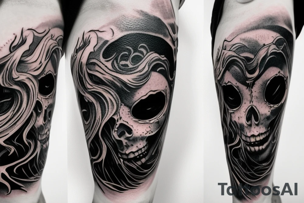 demon mask, ocean wave on the background, realistic, one composition, detailed, scary, sorrow, woman, blades, cool, blood tattoo idea