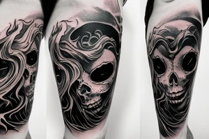 demon mask, ocean wave on the background, realistic, one composition, detailed, scary, sorrow, woman, blades, cool, blood tattoo idea