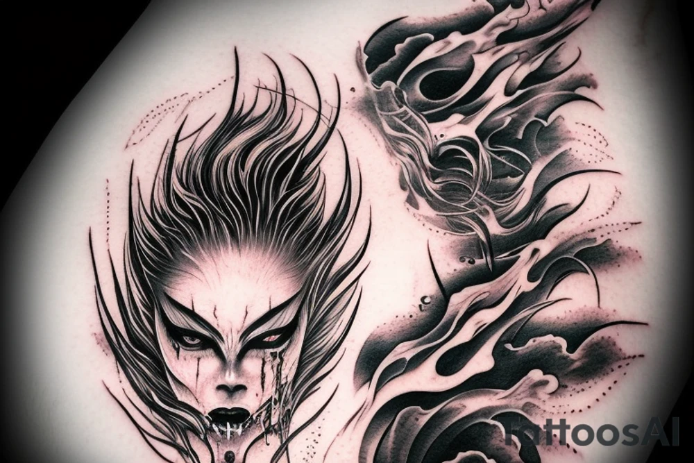 demon mask, ocean wave on the background, realistic, one composition, detailed, scary, sorrow, woman, blades, cool, blood tattoo idea