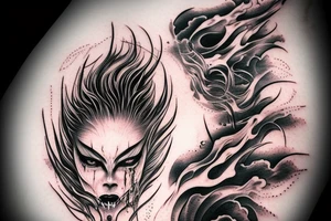 demon mask, ocean wave on the background, realistic, one composition, detailed, scary, sorrow, woman, blades, cool, blood tattoo idea