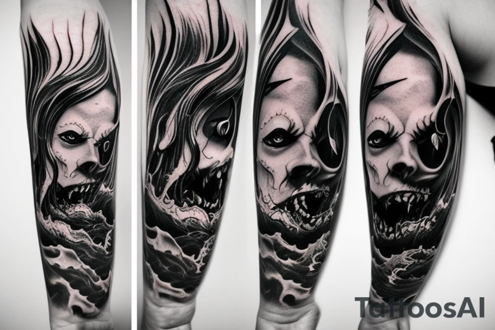 demon mask, ocean wave on the background, realistic, one composition, detailed, scary, sorrow, woman, blades, cool, blood tattoo idea