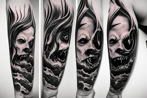 demon mask, ocean wave on the background, realistic, one composition, detailed, scary, sorrow, woman, blades, cool, blood tattoo idea